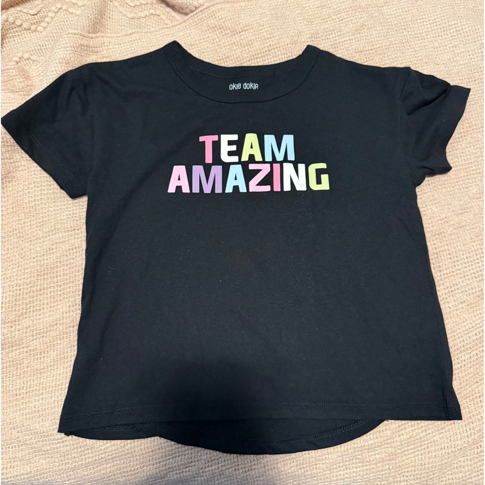 Okie Dokie Girls Team Amazing Graphic Tee Black Short Sleeve Tulip Back Shirt 4T